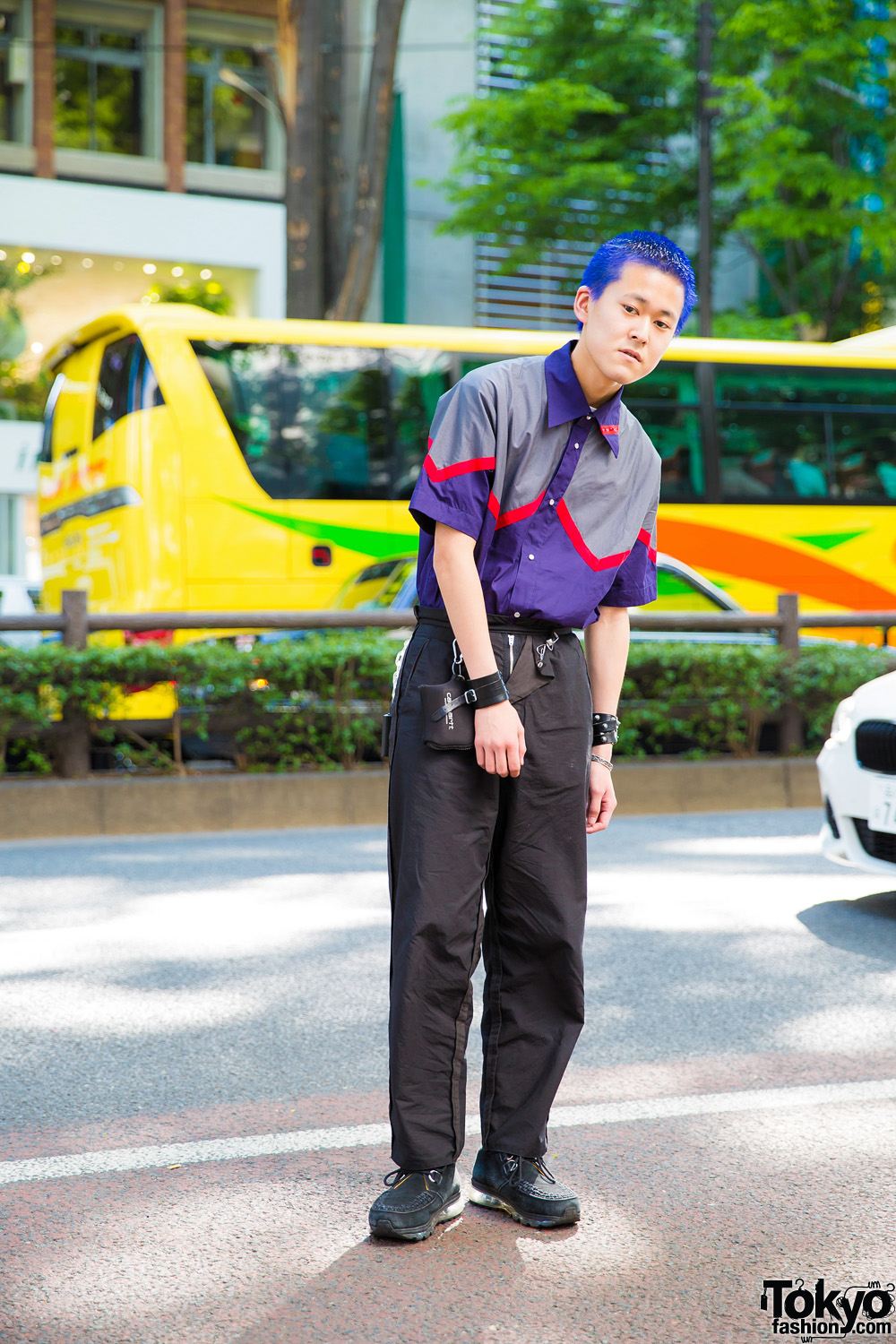 Japanese Street Style w/ Electric Blue Hair, Phingerin Collar Shirt & Suede Shoes