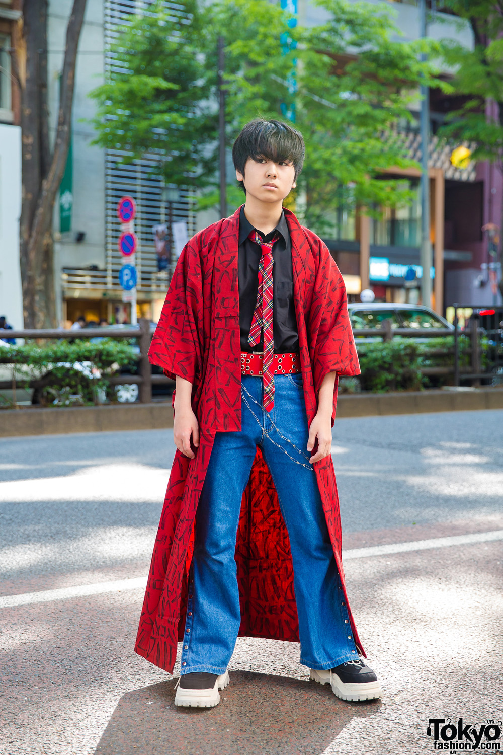 Harajuku Teen in Printed Kimono Coat, Kinji Flared Jeans, Plaid Necktie & Eytys Sneakers