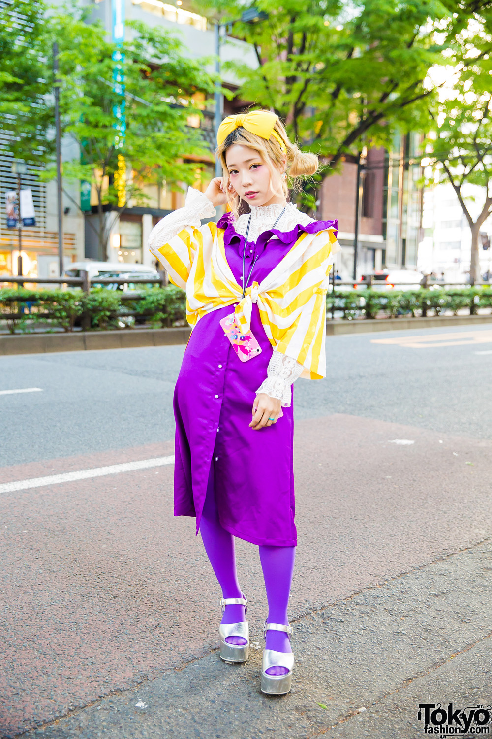 Purple & Yellow Harajuku Street Style w/ Hair Bow, Vintage Striped Top, Charmmy Ruffle Dress & Metallic Sandals