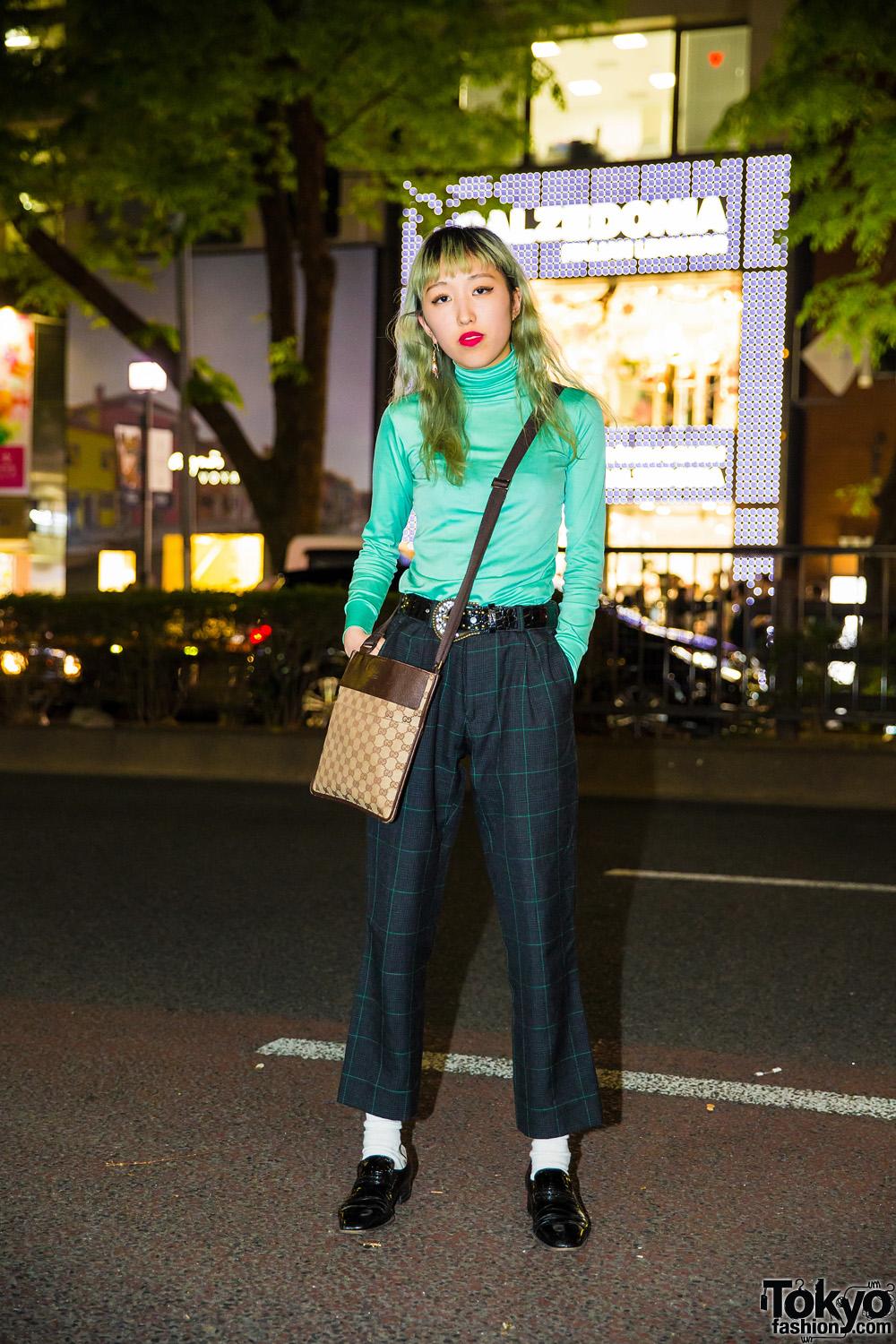 Green Hair, Kinsella Turtleneck, John Lawrence Sullivan Pants, Gucci Bag & Balmain Shoes in Harajuku