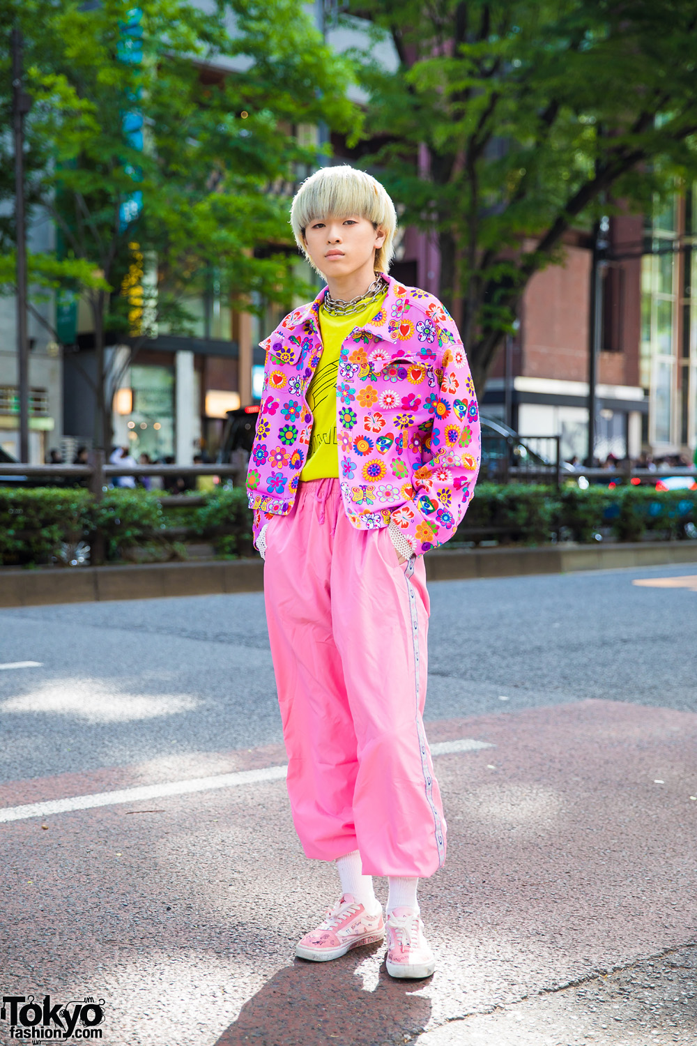 Harajuku Boy in Kobinai Pink Floral Jacket, Vintage Pink Pants & Pink Vans Sneakers