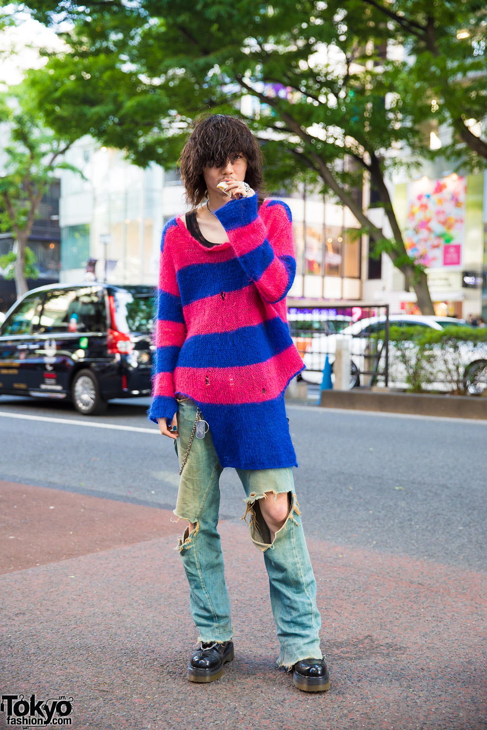 Tokyo Denim Street Style with Resale Striped Long Sleeves