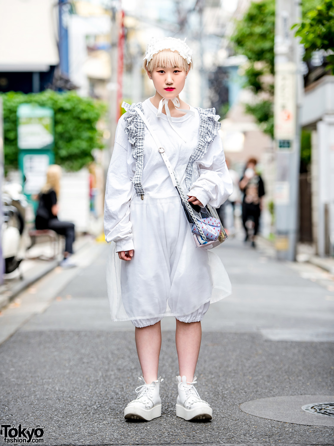 All White Harajuku Streetwear w/ Amatunal, Tokyo Bopper, Comme des Garcons Bloomers, Lace Headdress & Ruffle Suspenders
