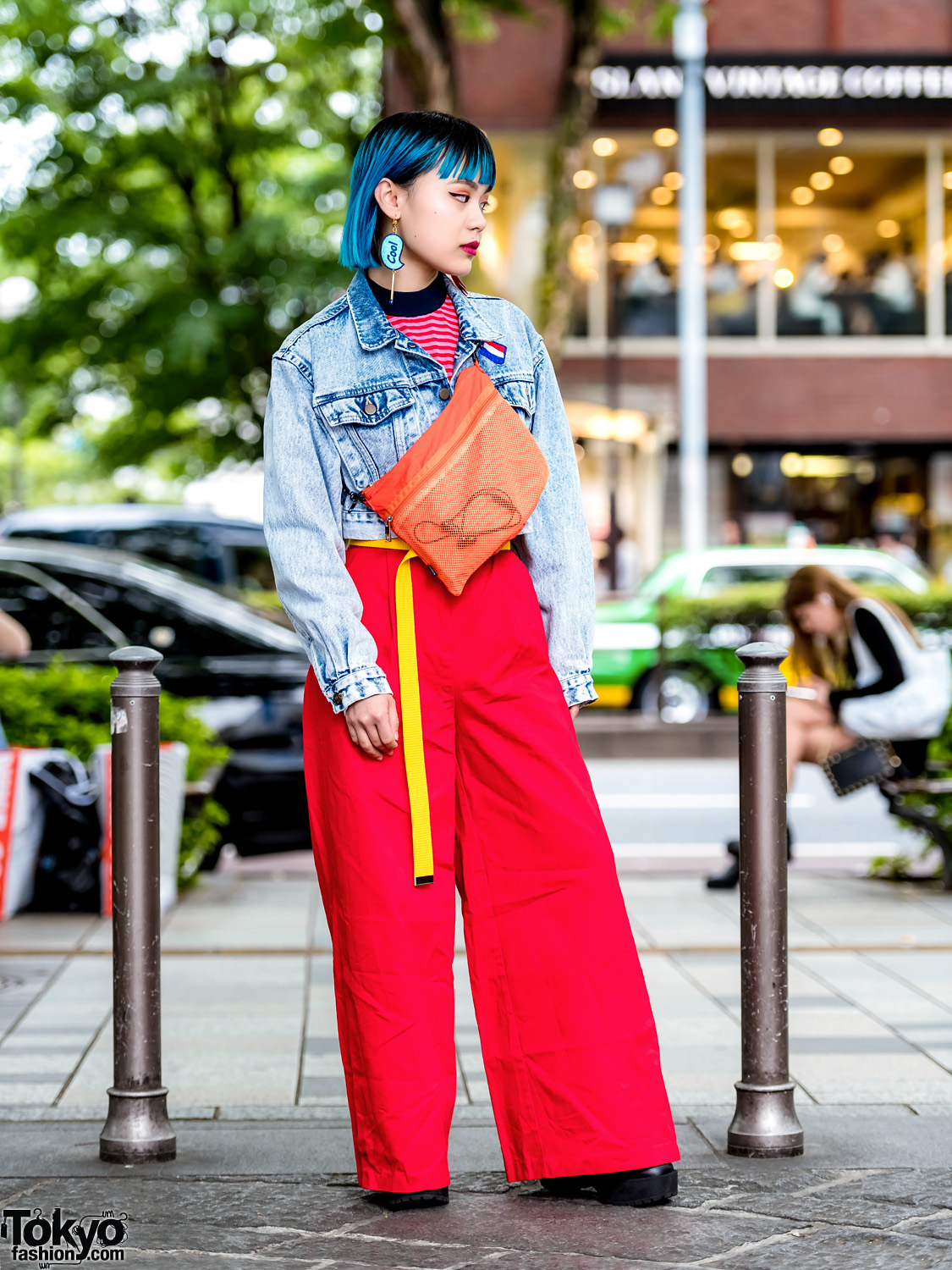 Harajuku Girl Street Style w/ Aqua Hair, Denim Jacket, Jouetie Wide Leg Pants & Platforms