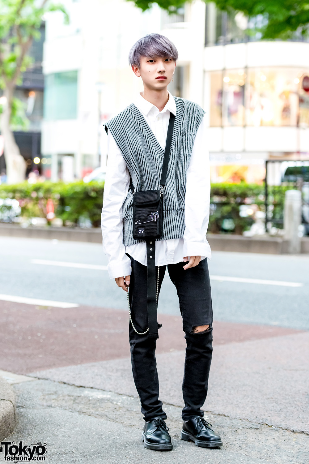 Harajuku Guy w/ Purple Hair, More Than Dope Striped Vest, Givenchy Top, Ripped Jeans, Dr. Martens Shoes & OY Bag