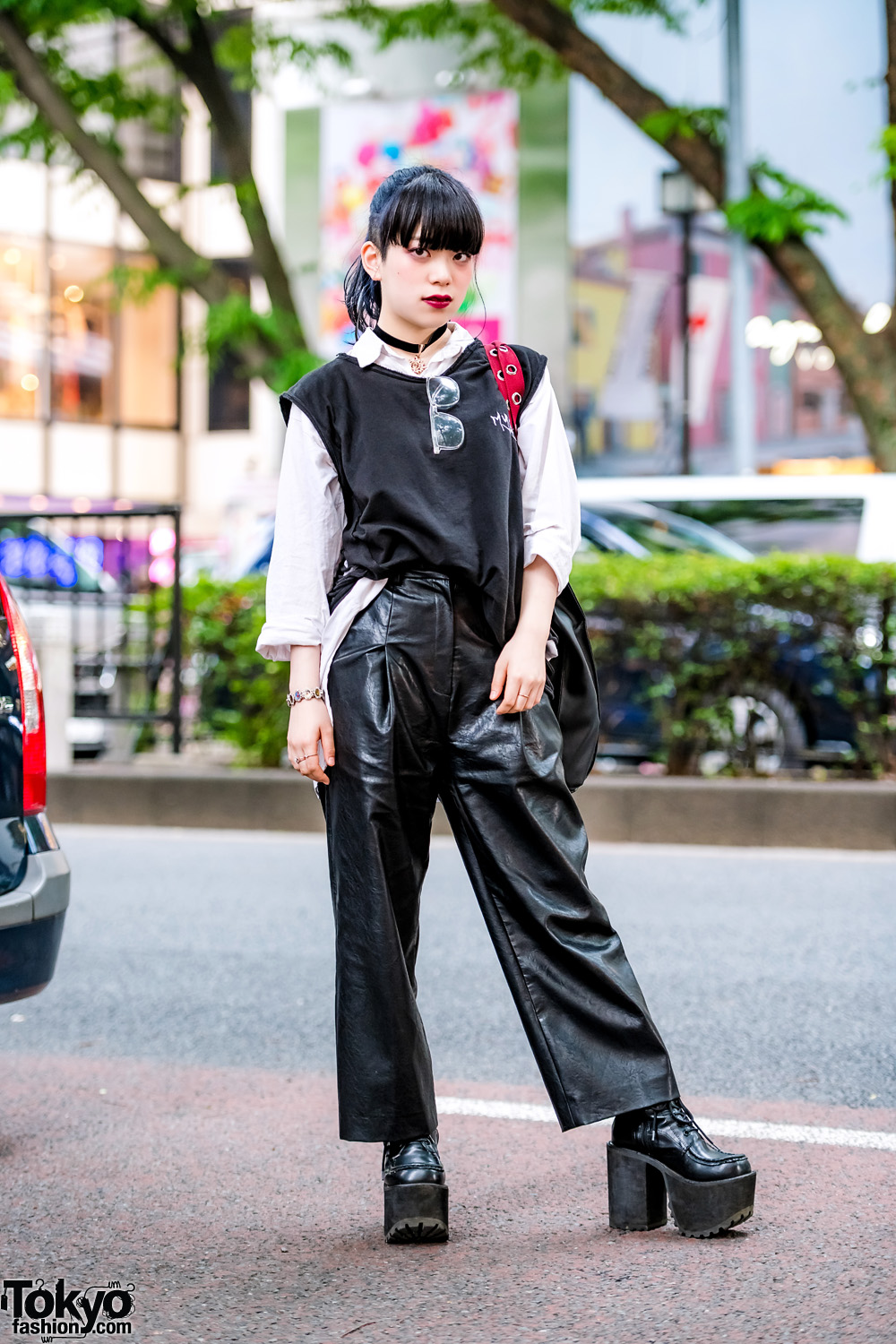Monochrome Japanese Street Style w/ MYOB Vest, Leather Wide Leg Pants, Yosuke Platforms & WEGO Bag