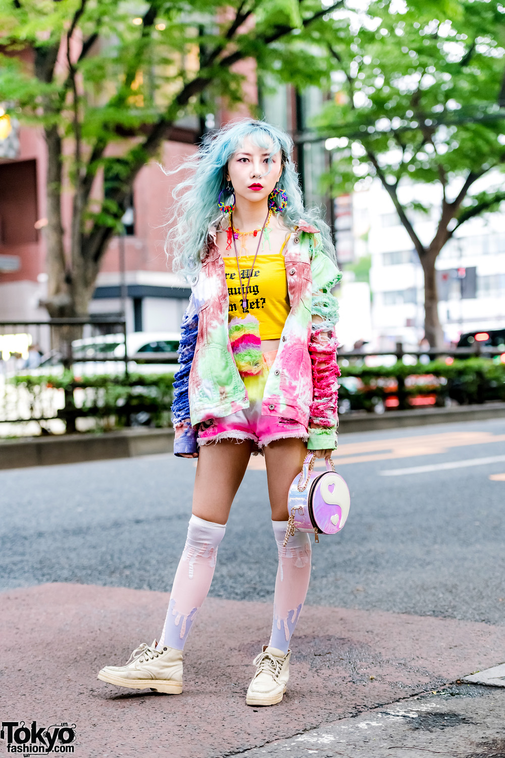 Aqua-haired Harajuku Girl in Handmade Tie-Dye Denim Outfit w/ Crop Top, Paint Socks, Chain Bag & Colorful Accessories