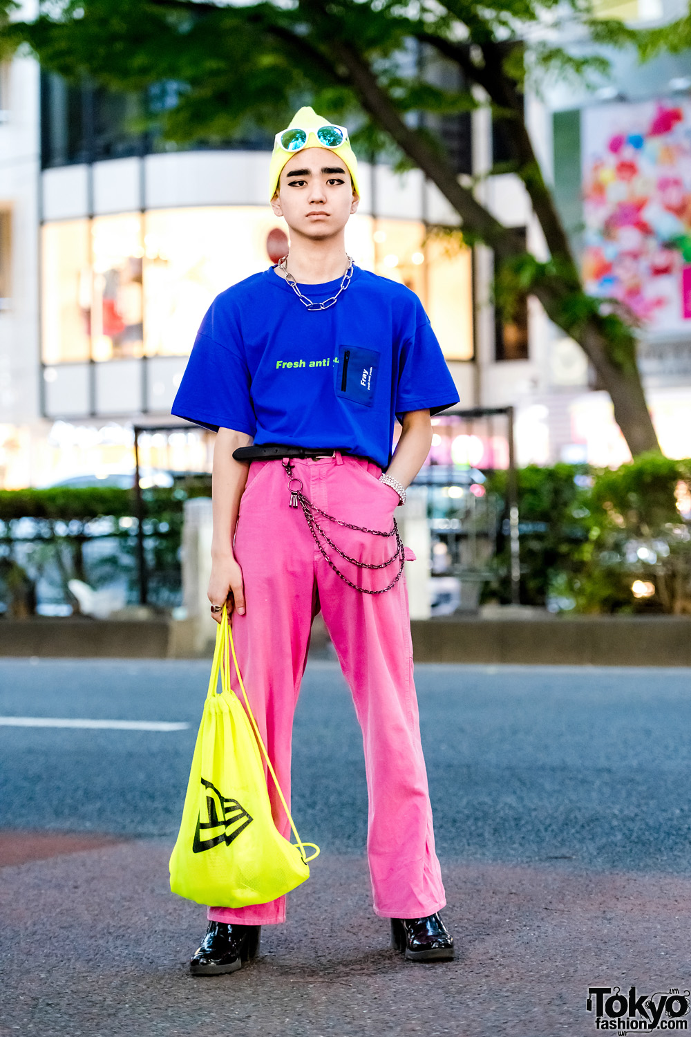 Colorful Harajuku Street Style w/ Fresh Anti Youth Pocket T-Shirt, Vintage Pink Pants, Patent Boots & New Era Mesh Backpack
