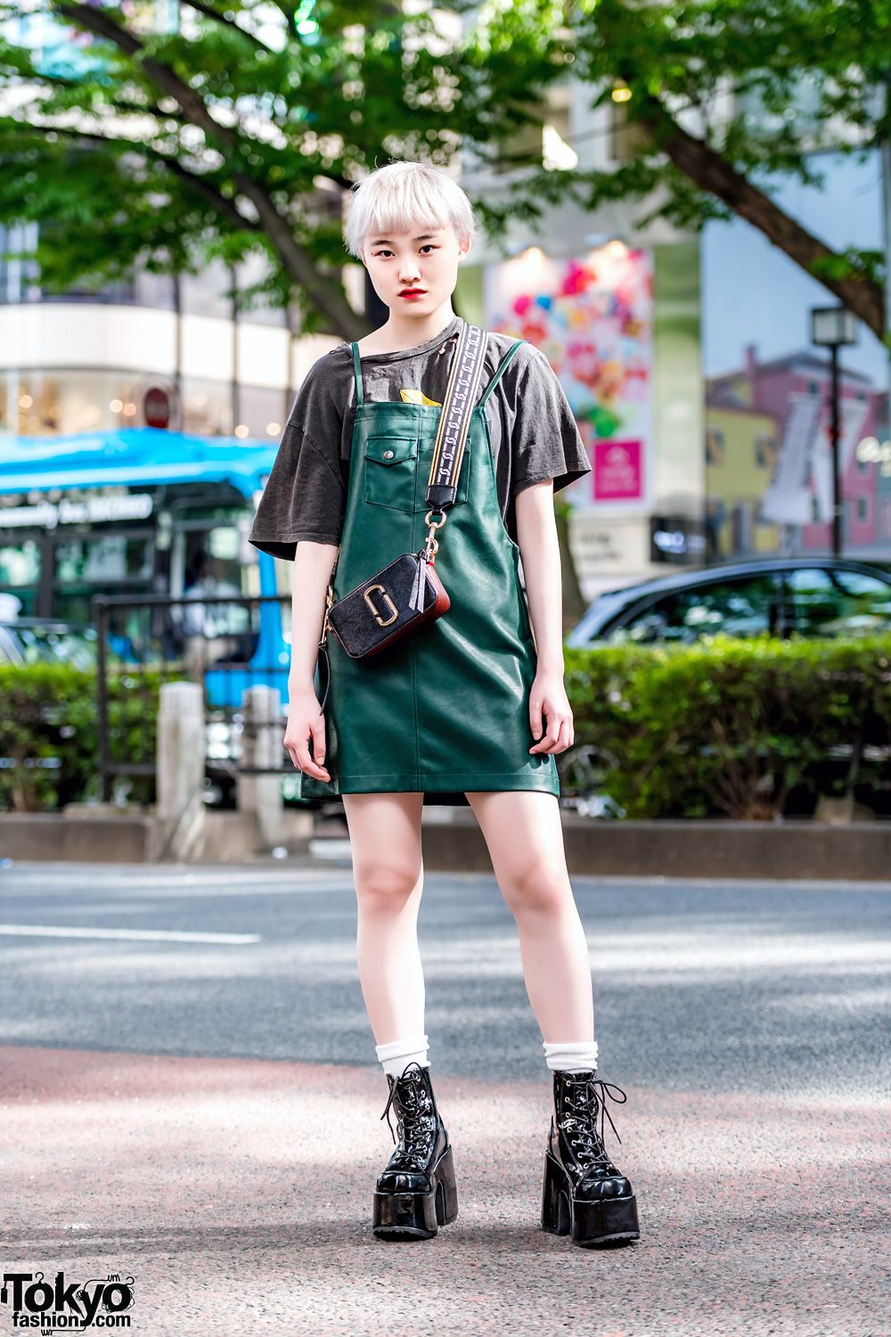 Blonde Harajuku Girl in X-Girl Dress, Marc Jacobs Bag & Tall Never Mind the XU Platform Boots