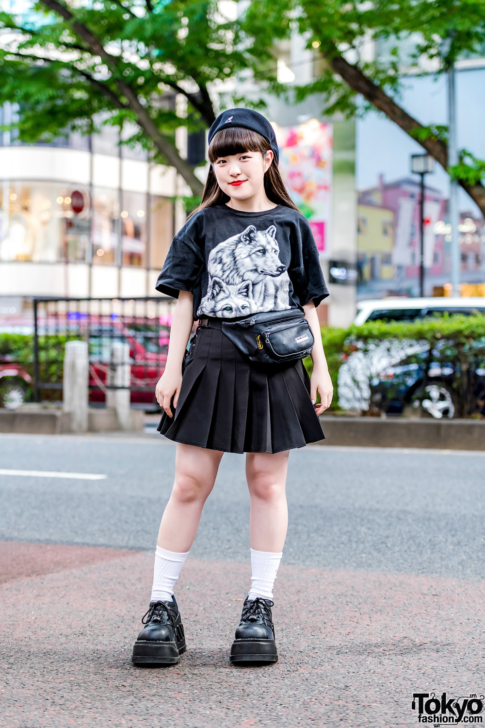 Harajuku Girl in All-Black Tokyo Street Style w/ Kinji, RRR by Sugar Spot Factory, Demonia & Kangol