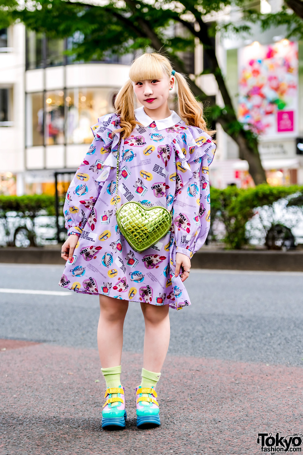 Harajuku Girl w/ Candy Stripper Printed Dress, Yosuke Shoes, Peco Club Heart-Shaped Bag & 6%DOKIDOKI Accessories
