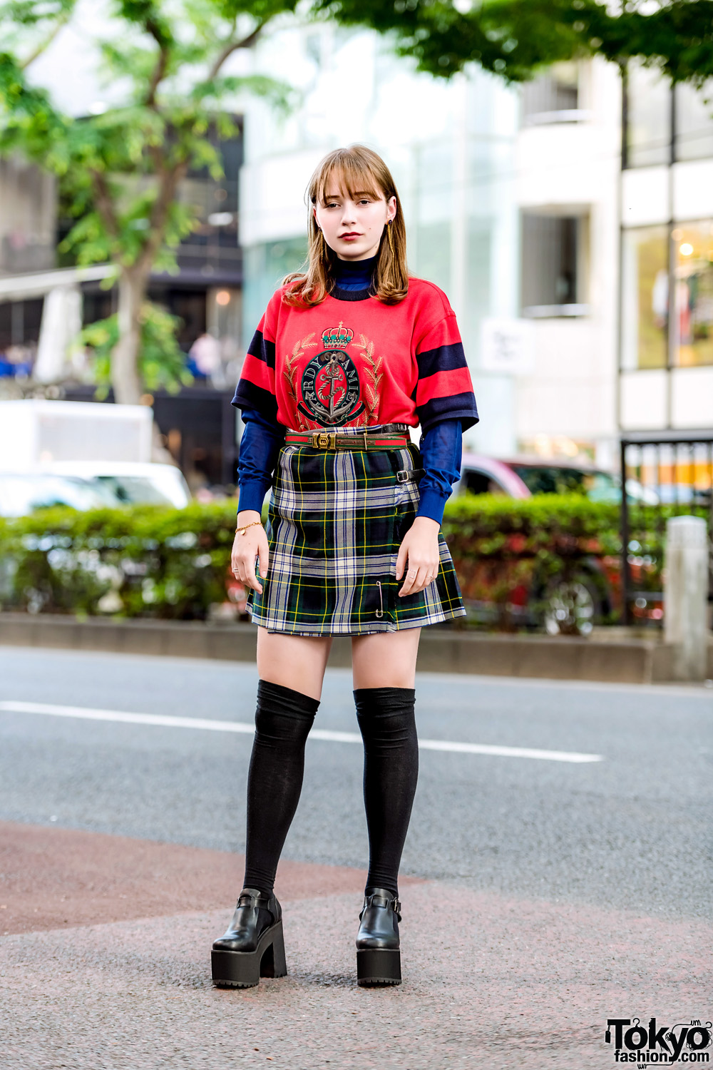 Japanese Vintage Street Style w/ Hardy Amies Knit Top, Plaid Skirt, Gucci Belt & Bubbles Platform T-Strap Shoes