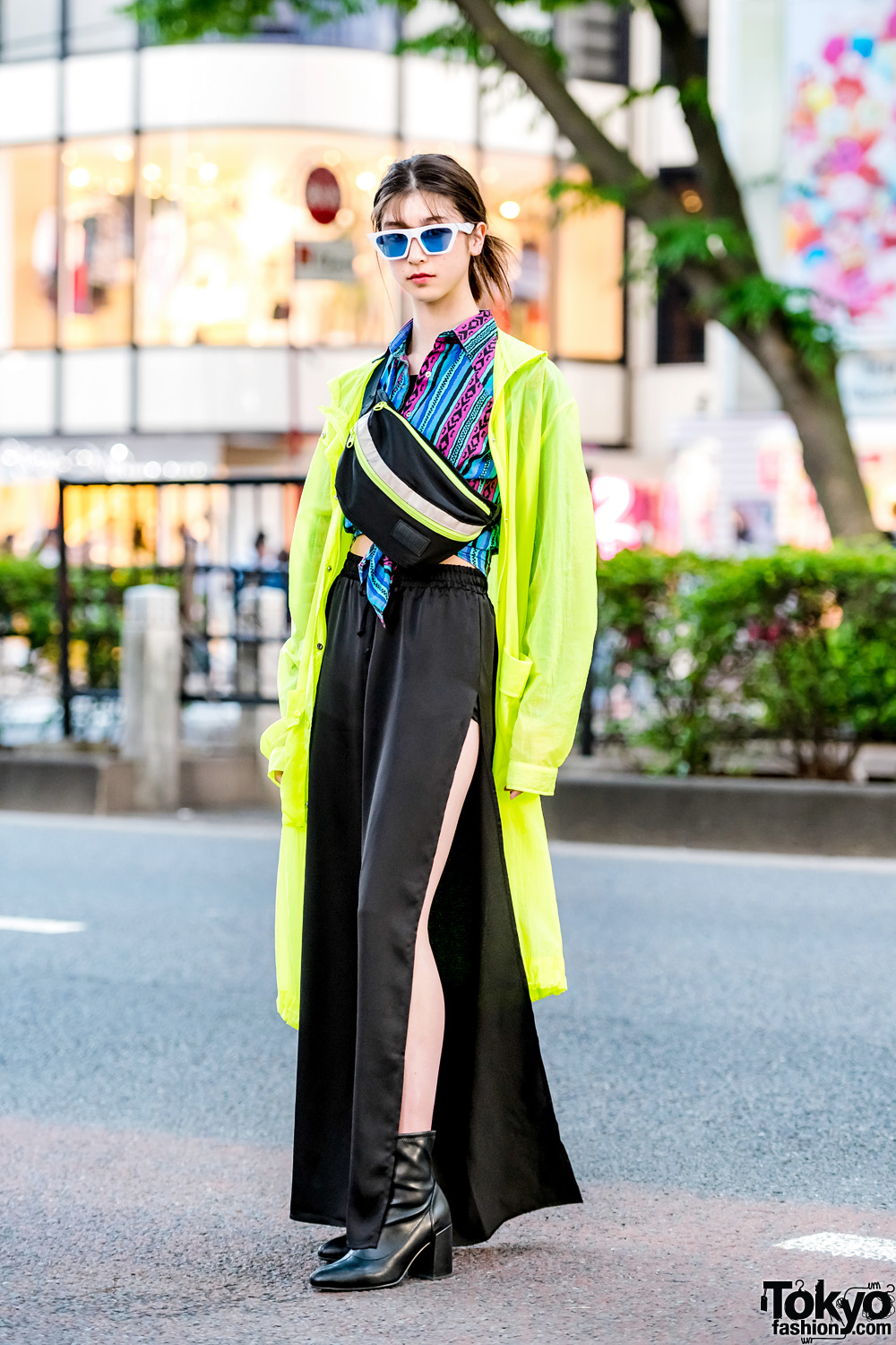 Harajuku Student Model in Neon Jacket & Satin Slit Pants, Waist Bag & Ankle Boots