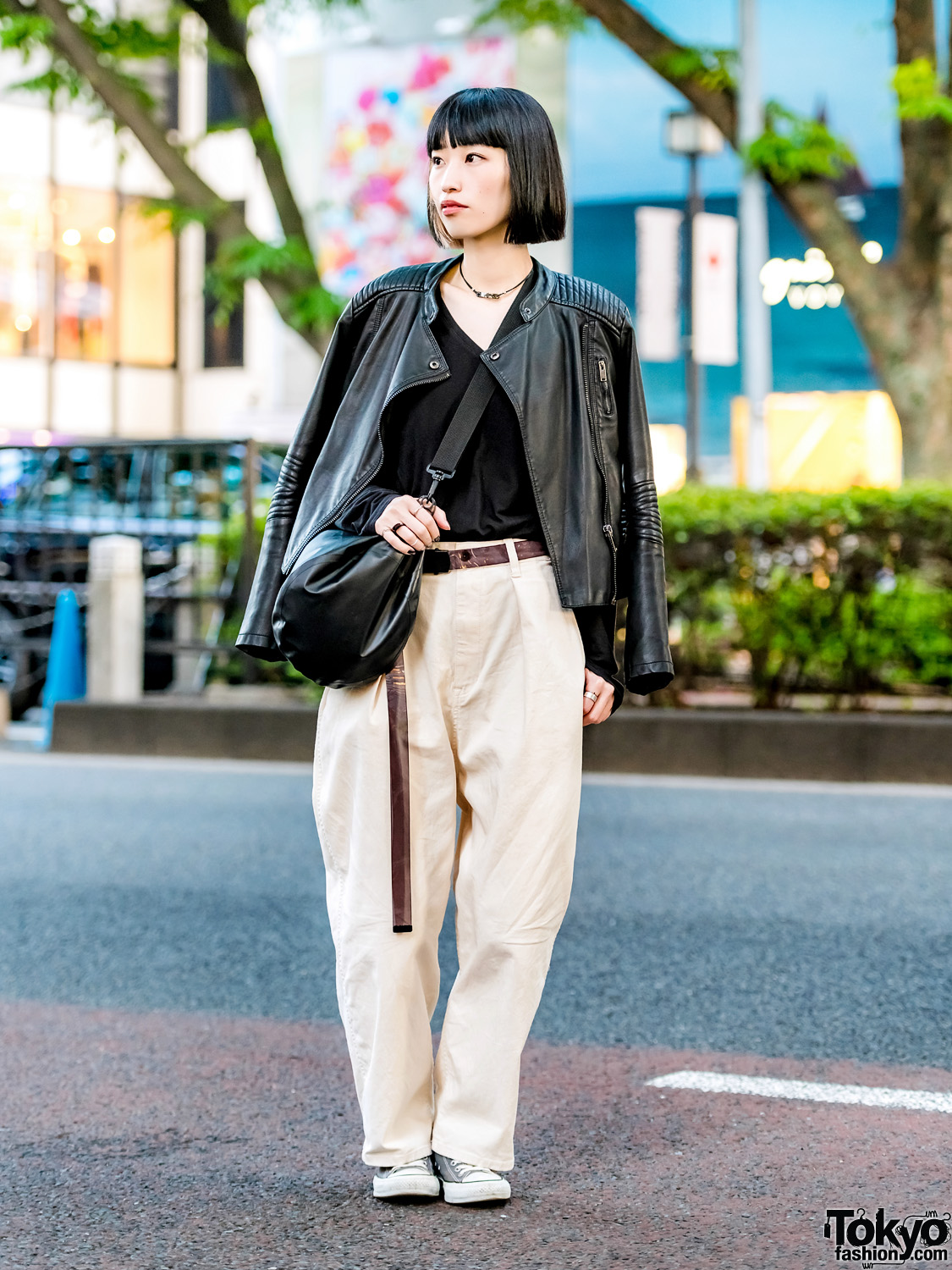 Harajuku Event Staffer's Chic Minimalist Street Style w/ Collarless Motorcycle Jacket, MYne Sling Bag, Converse Sneakers & Theatre Products Necklace