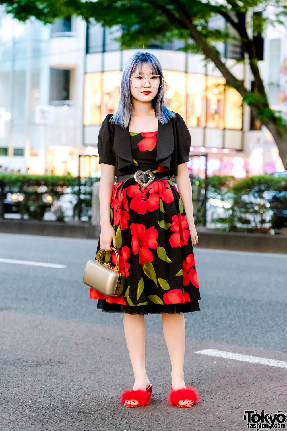 Vintage Floral Dress in Harajuku w/ Oversized Glasses, Bolero Jacket, Fuzzy Heels & Box Handbag