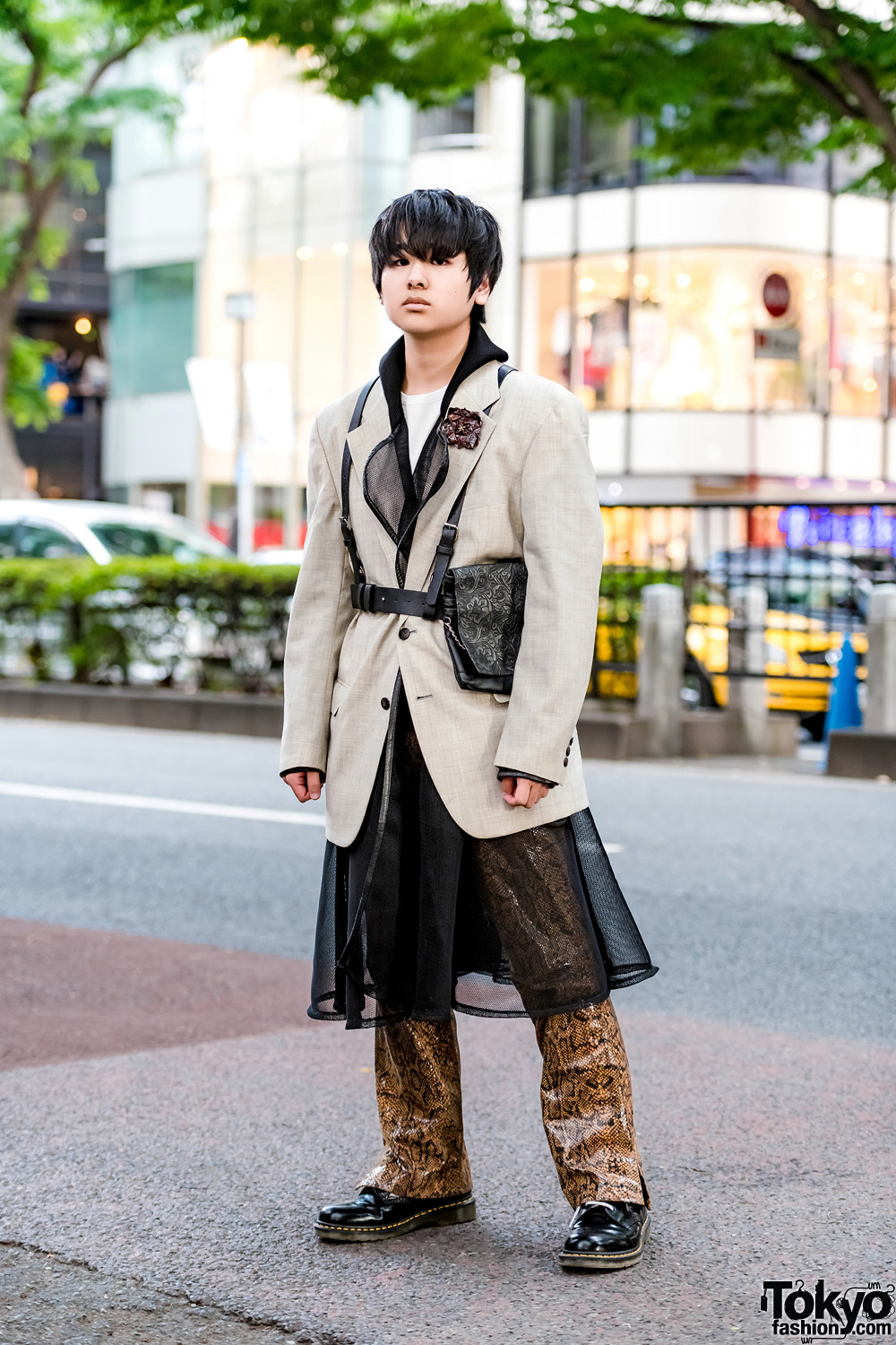 Japanese Streetwear Style w/ Valentino Blazer, Structured Mesh Coat, Snakeskin Pants, Dr. Martens Boots, Leather Harness & Waist Bag