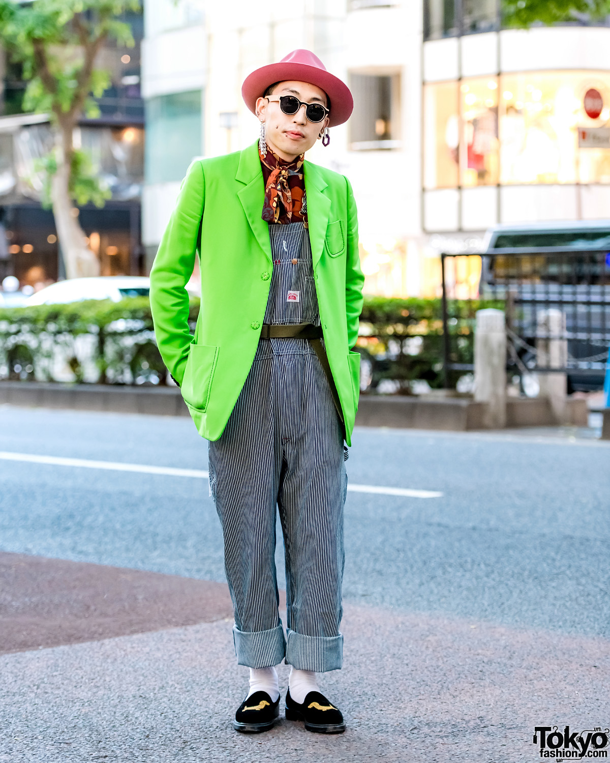 Japanese Streetwear w/ Maison Margiela Neon Blazer, Gucci Top, Striped Overalls & Thom Browne Loafers