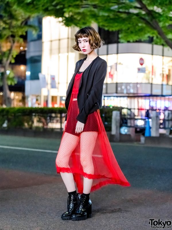 Harajuku Girl in Sheer Red Dress, Blazer, Heeled Boots & Salvatore Ferragamo Bag
