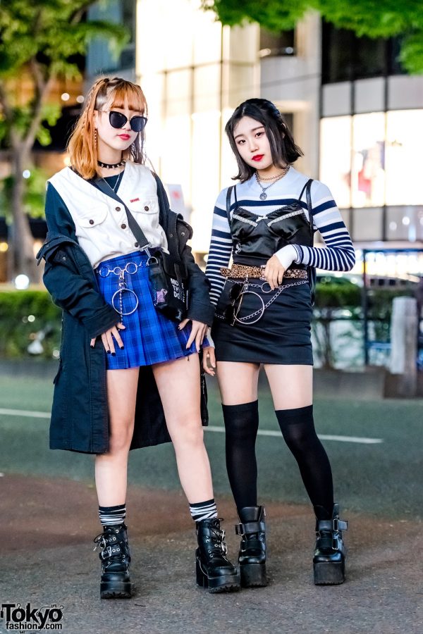 Harajuku Girls Streetwear Styles w/ Moussy Parka, Spinns Plaid Skirt, Faith Tokyo Camisole, Bubbles Boots & Moschino Backpack
