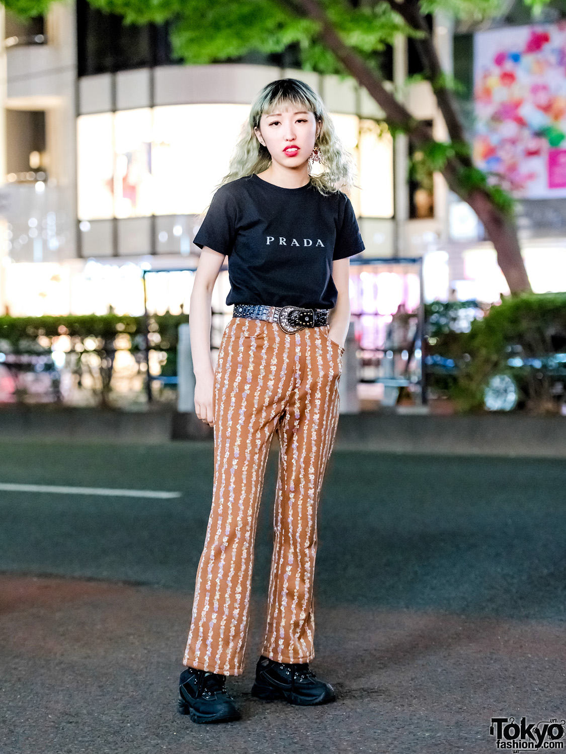 Tokyo Vintage Street Style w/ Prada Top, Tan Print Pants & Black Sneakers