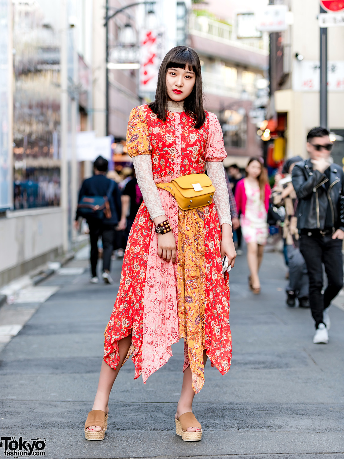Japanese Teen Model & Actress in Harajuku w/ Floral Dress, Toga Suede Wedges & Waist Bag