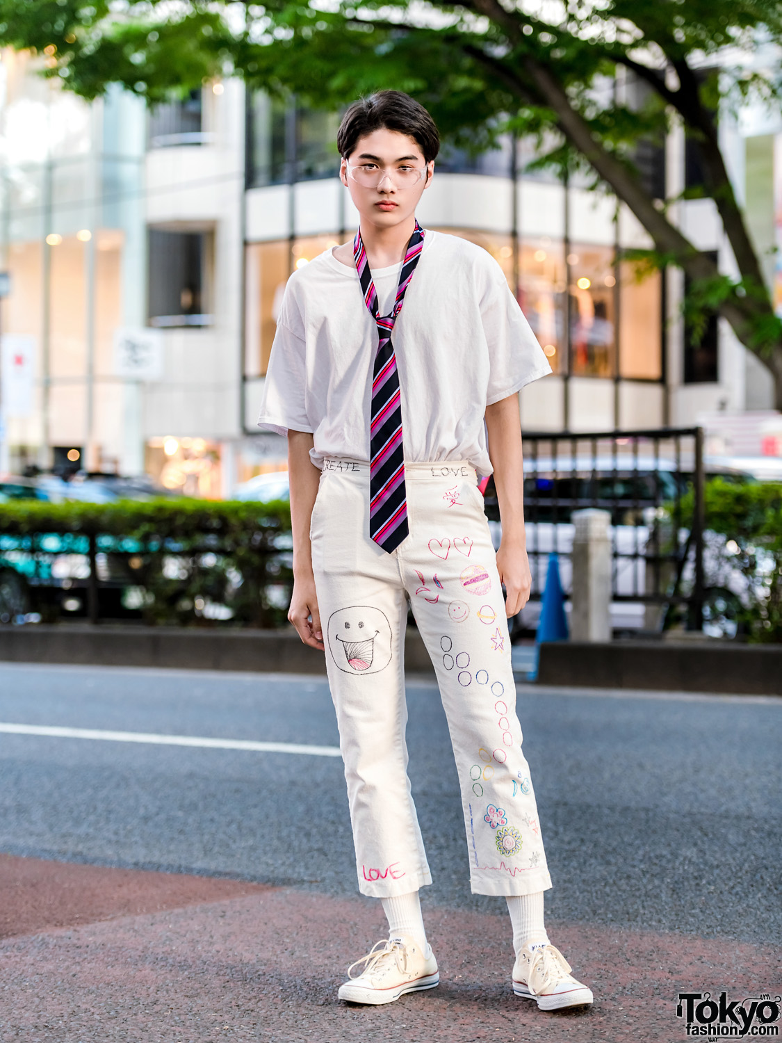 Japanese Model in All White Streetwear w/ Remake Writing Cropped Pants, Converse Sneakers & Paul Smith Necktie