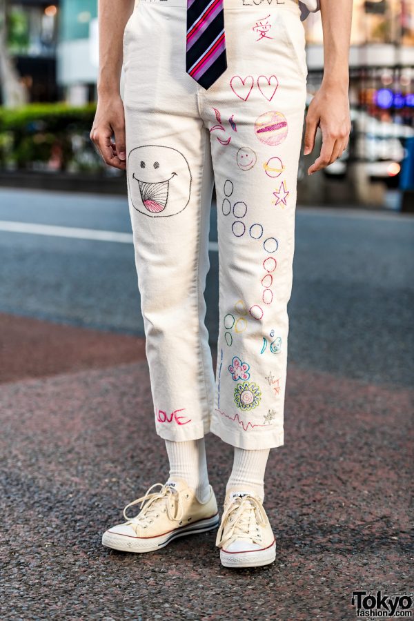 Japanese Model in All White Streetwear w/ Remake Writing Cropped Pants ...