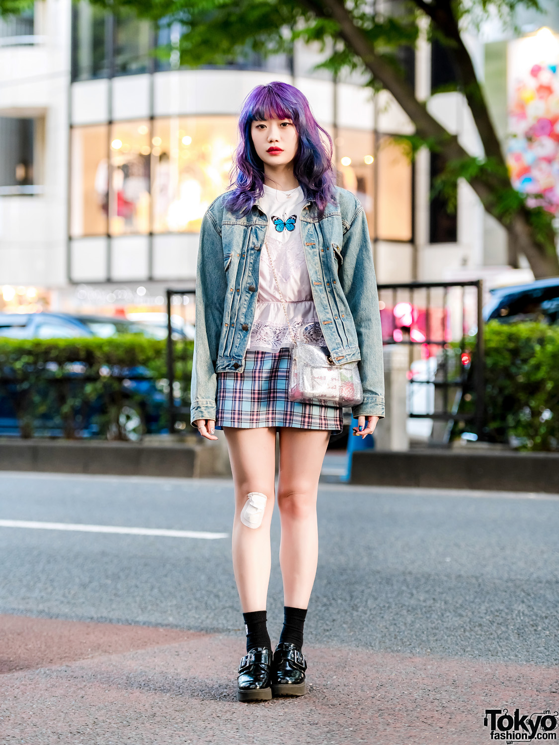 Elleanor in Harajuku w/ Kinji Denim Jacket, Lace Camisole, WC Plaid Skirt & Heels