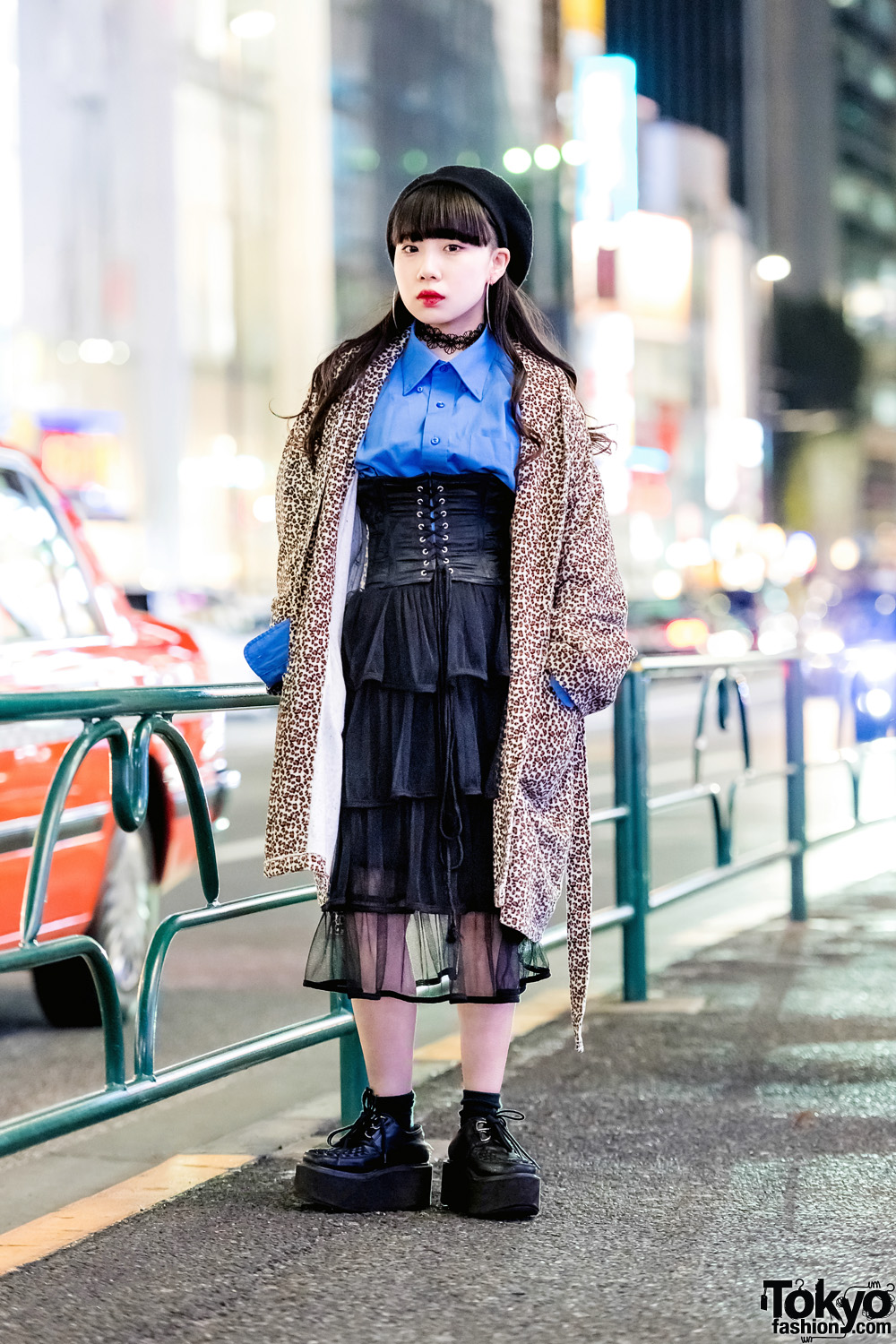 Vintage Harajuku Street Fashion w/ Leopard Coat, Black Corset, Tiered Skirt, Platform Wedge Shoes & Black Beret