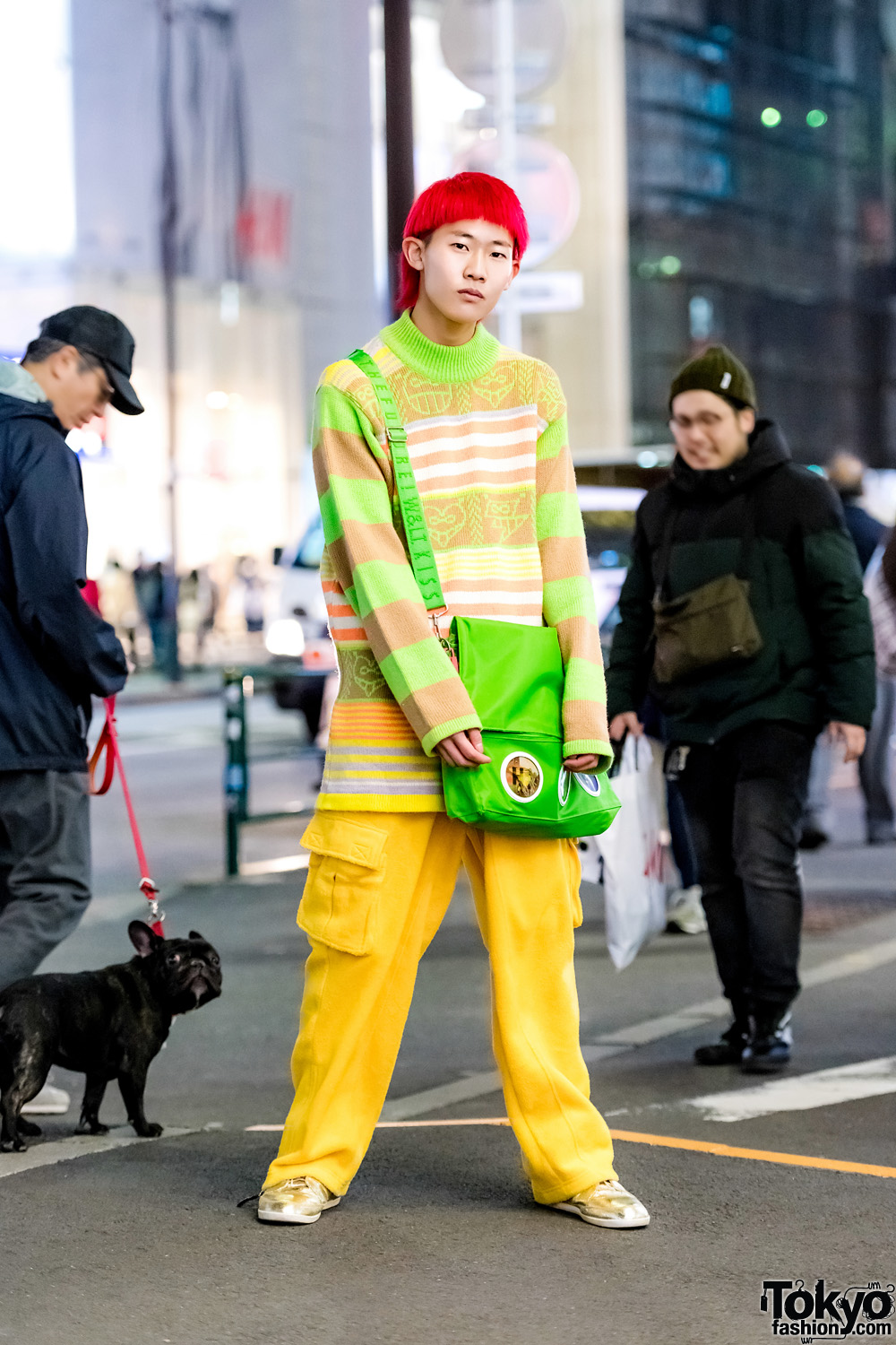 Pink Hair, Vintage Accessories, W&LT Striped Sweater, Fubu Yellow Pants & Y-3 Gold Sneakers in Harajuku