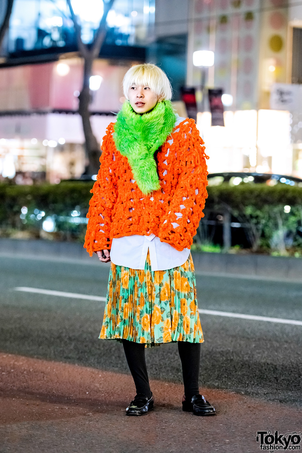 Harajuku Guy in Colorful Eclectic Fashion w/ Dog Harajuku Loose Knit Sweater, Floral Skirt, Haruta Loafers & Fuzzy Muffler