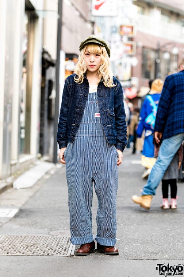 Japanese Vintage Shop Owner in Harajuku Denim Street Style w/ Round House Overalls, US Navy Boots & Cap