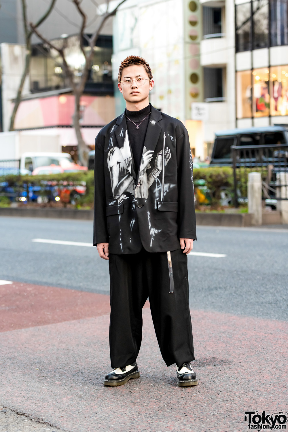 Minimalist Japanese Menswear Street Style w/ Diet Butcher Slim Skin Blazer, Yohji Yamamoto Pants, Dr. Martens Wingtip Boots & Vivienne Westwood Orb Necklace