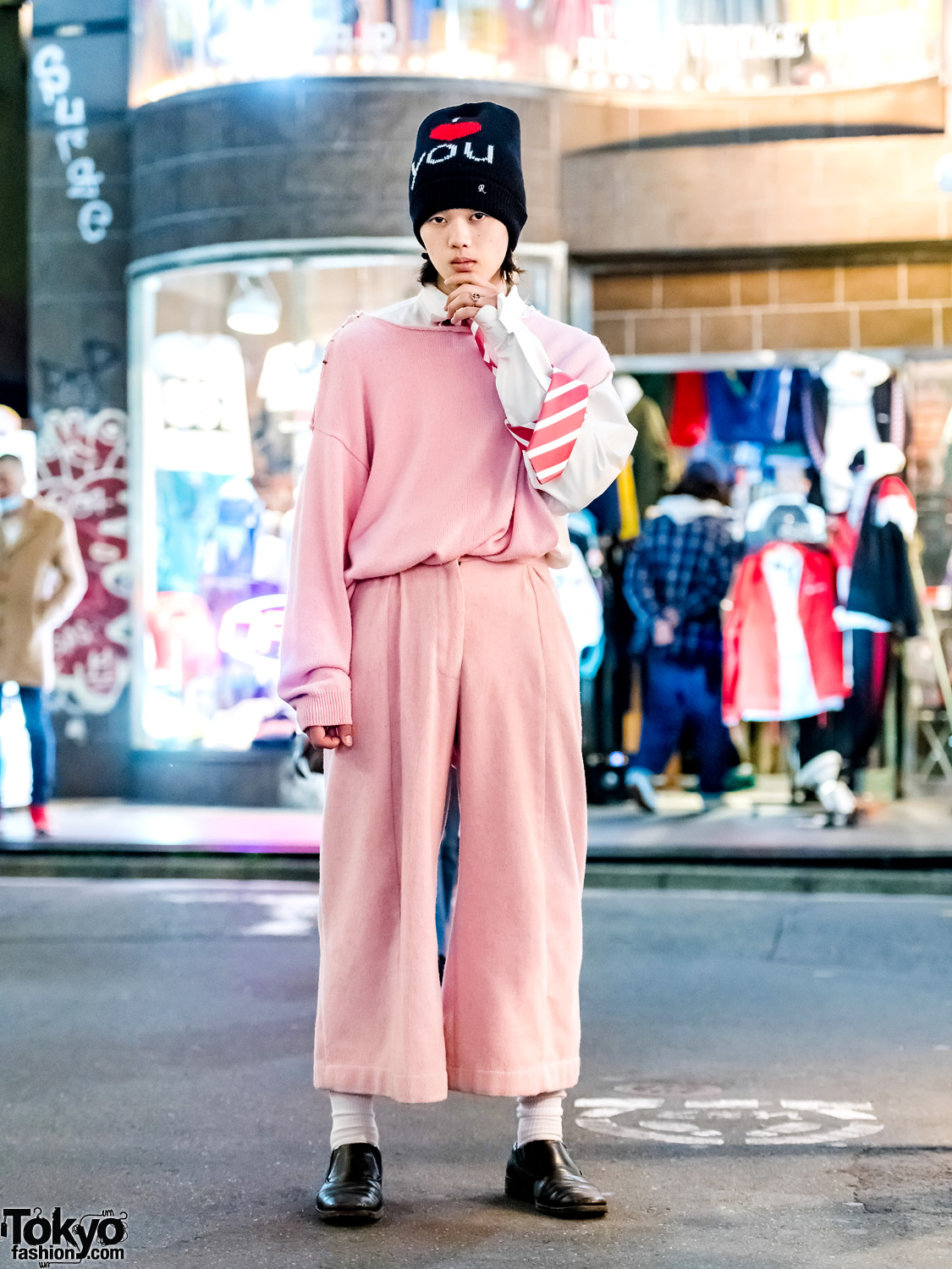 San To Nibun No Ichi Staffer in Pink Menswear Street Style w/ Richie Rich Sweater, Vaquera NYC Pants, Gucci Leather Loafers & Raf Simons Beanie