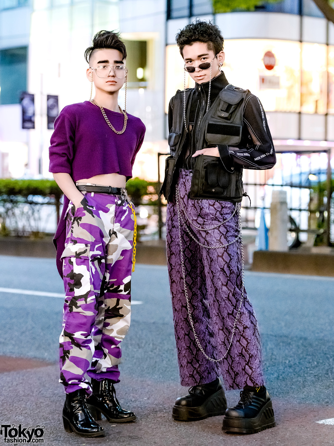 Purple Harajuku Street Styles w/ High-Low Sweater, Rothco Camo Pants, Never Mind the XU Snakeskin Pants, Gallerie Vest & WEGO Backpack