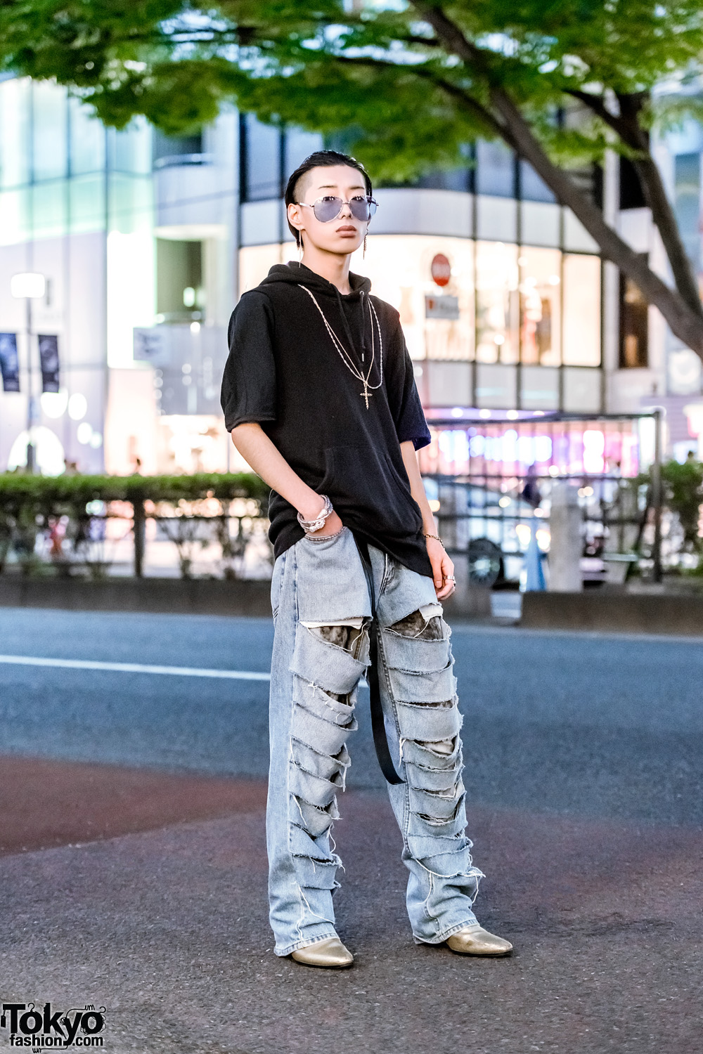 Japanese Male Model in Harajuku w/ Black Hoodie, Shredded Jeans & Gold Boots