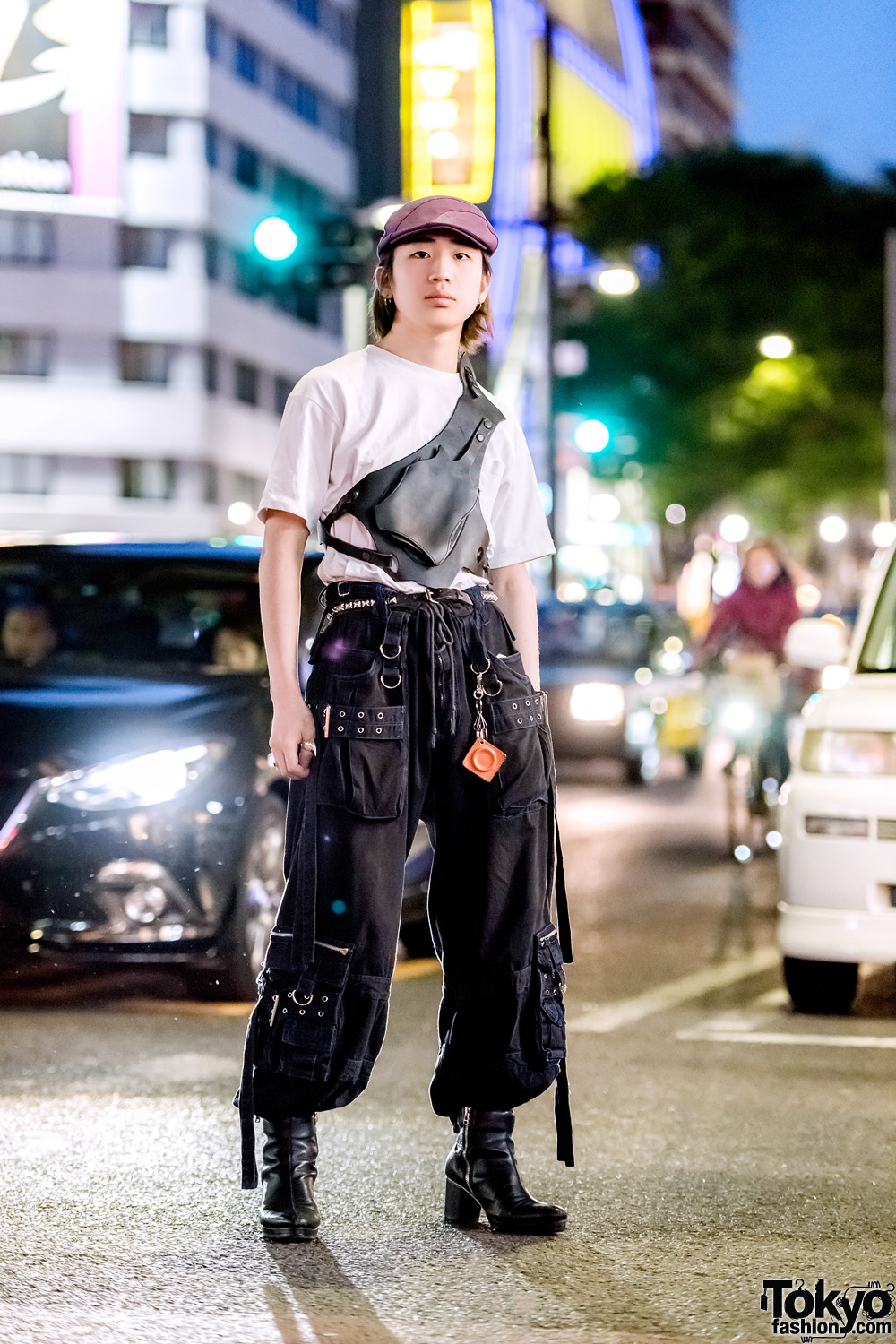 Harajuku Streetwear Style w/ Purple Newsboy Cap, Tripp NYC Pants, Banal Chic Bizarre Boots & Beauty:Beast Chest Bag