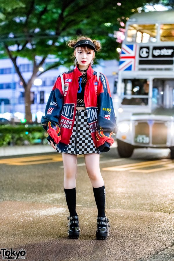 Harajuku Girl w/ Double Bun Hairstyle, WC Checkered Skirt, Yosuke Platforms, UNIF Rainbow Backpack & Kangol, Visor