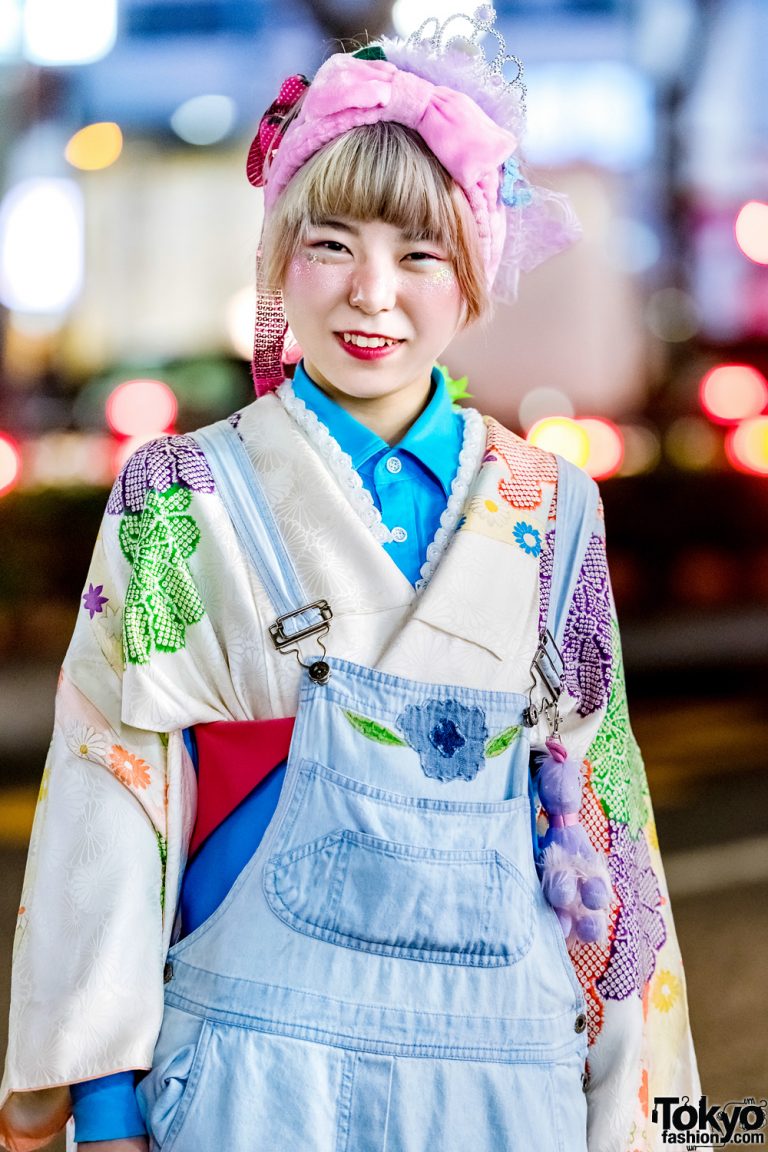 Japanese Floral Street Style w/ Floral Denim Overalls, Kimono & Adidas ...
