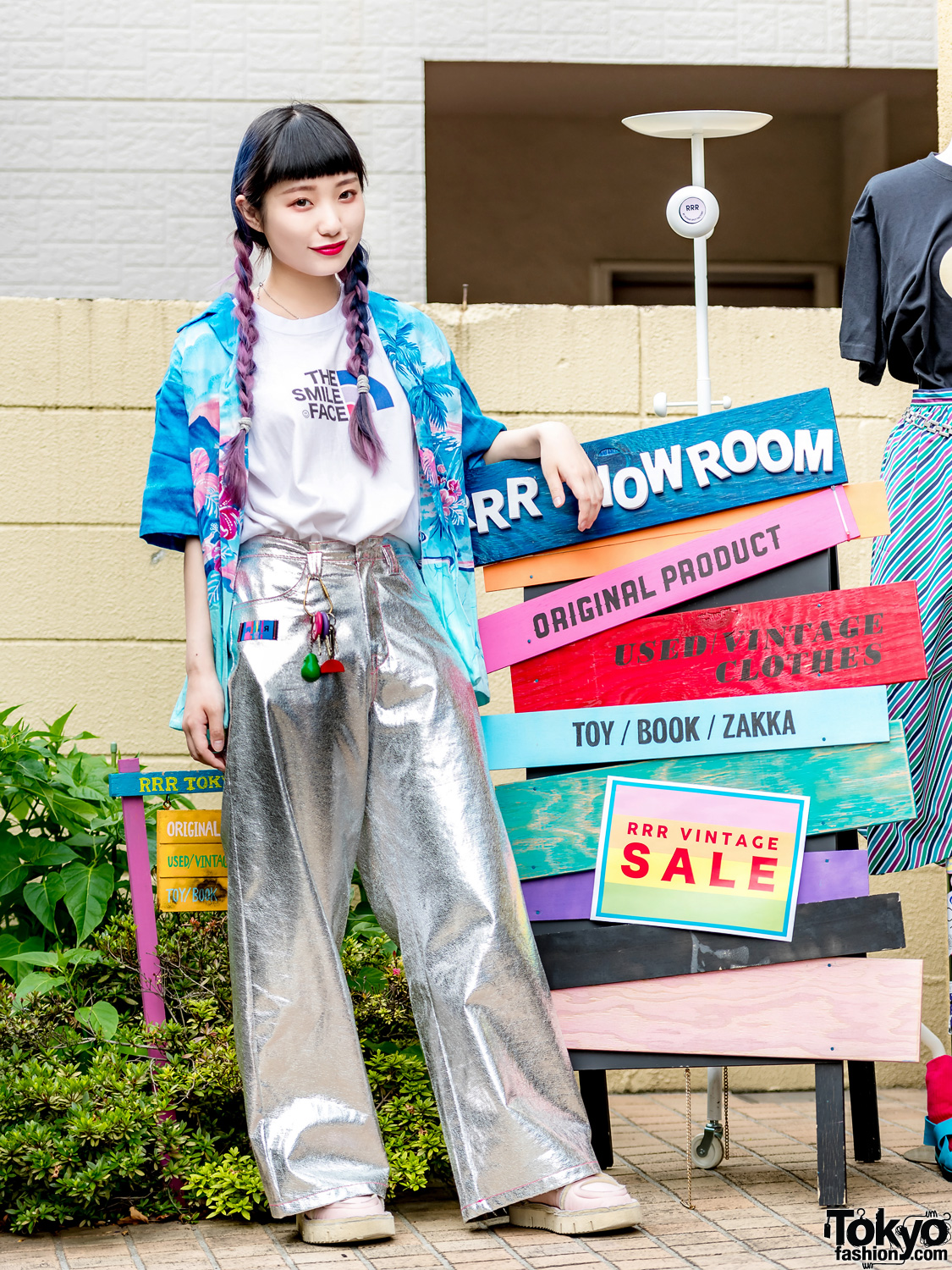 RRR Harajuku Designer Aiba Runa w/ Hawaiian Print Shirt, Smile Face T-Shirt & Silver Pants