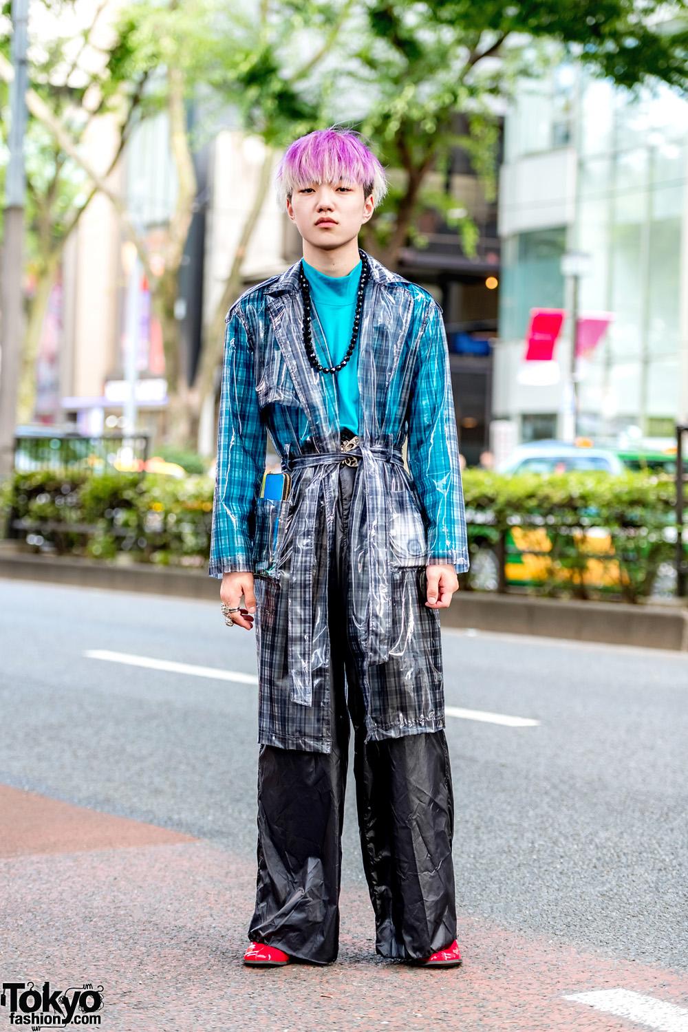 Japanese Street Style w/ Bershka See-Through Plaid Coat, New York Joe Exchange, Dressedundressed & Banal Chic Bizarre Boots