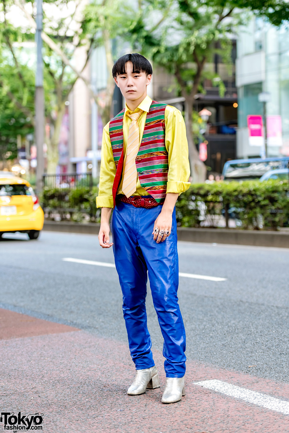 Colorful Japanese Street Style w/ Vintage Vest, Yellow Satin Shirt, Comme des Garcons Pants & Maison Margiela Boots
