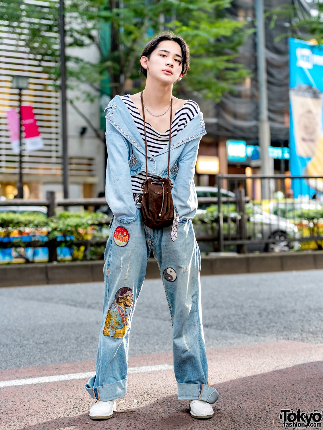 Harajuku Denim Street Style w/ Studded Cropped Jacket, Striped Top