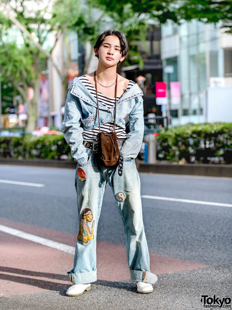 Harajuku Denim Street Style w/ Studded Cropped Jacket, Striped Top ...