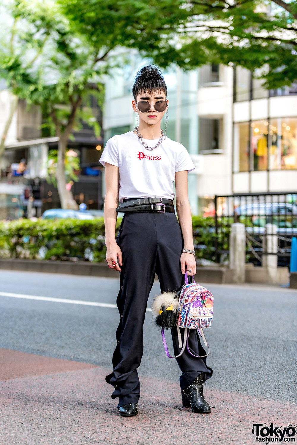 Monochrome Streetwear Style in Harajuku w/ Forever21 Statement T-Shirt, Studded Ankle Boots, Backpack & Keisuke Yoshida Pants