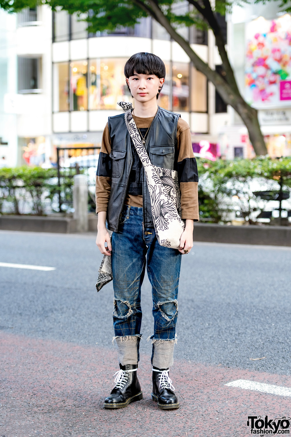 Japanese Streetwear Fashion w/ Leather Vest, Christopher Nemeth Distressed Denim, Rope Print Tote & Dr. Martens Boots