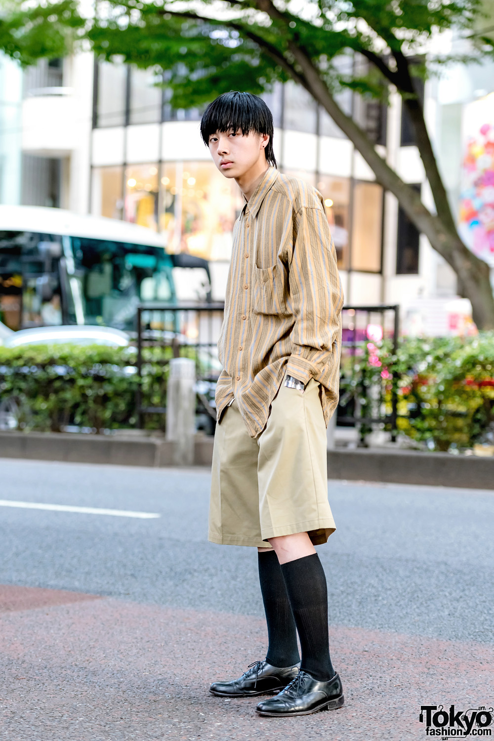 Harajuku Tan Streetwear Style w/ Striped Shirt, Dickies Shorts & Tokyo Human Experiments Knuckle Rings