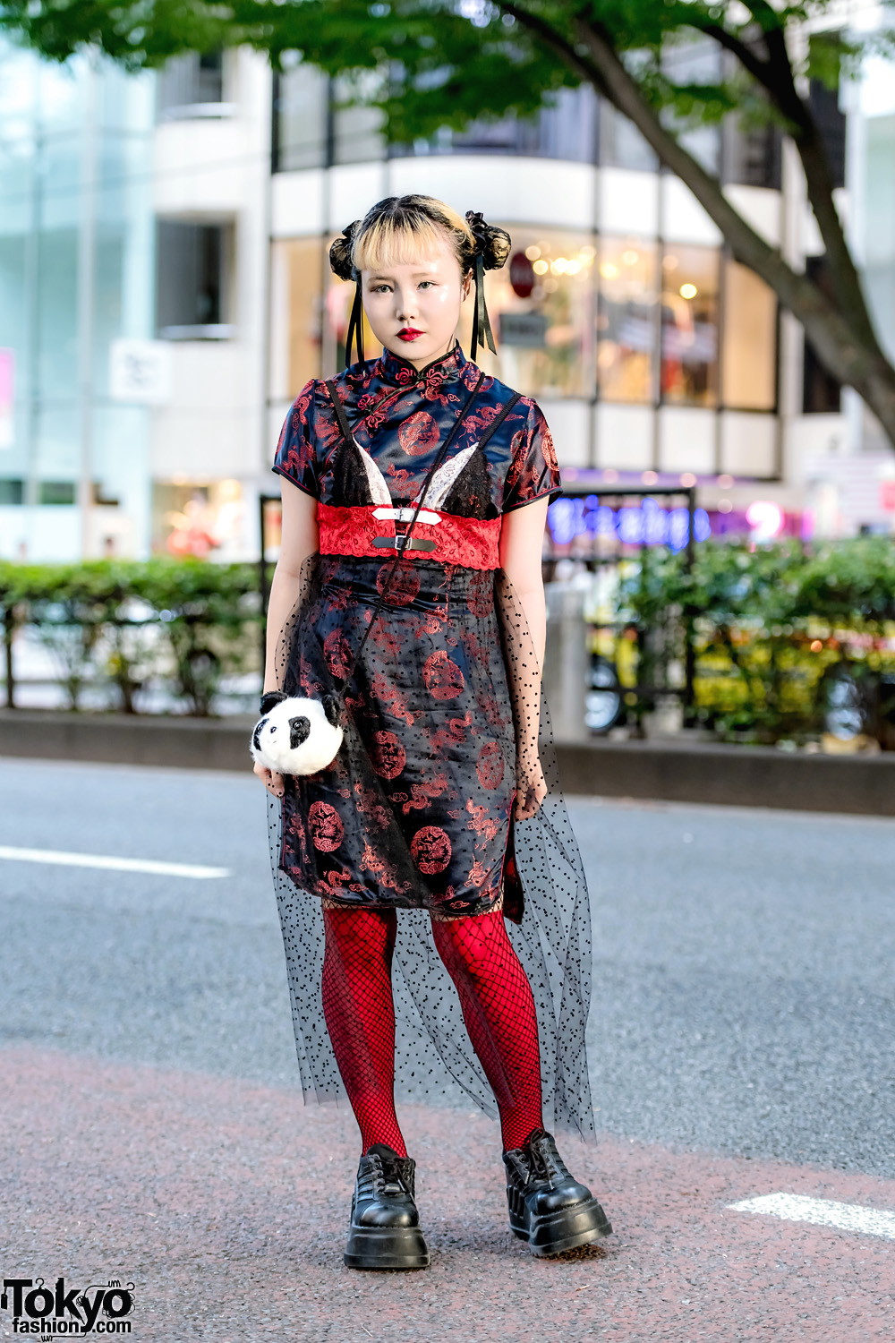 Harajuku Street Style w/ Vintage Sheer Mandarin Collar Dress, Demonia Shoes & Spider Lily Hair Bun Covers