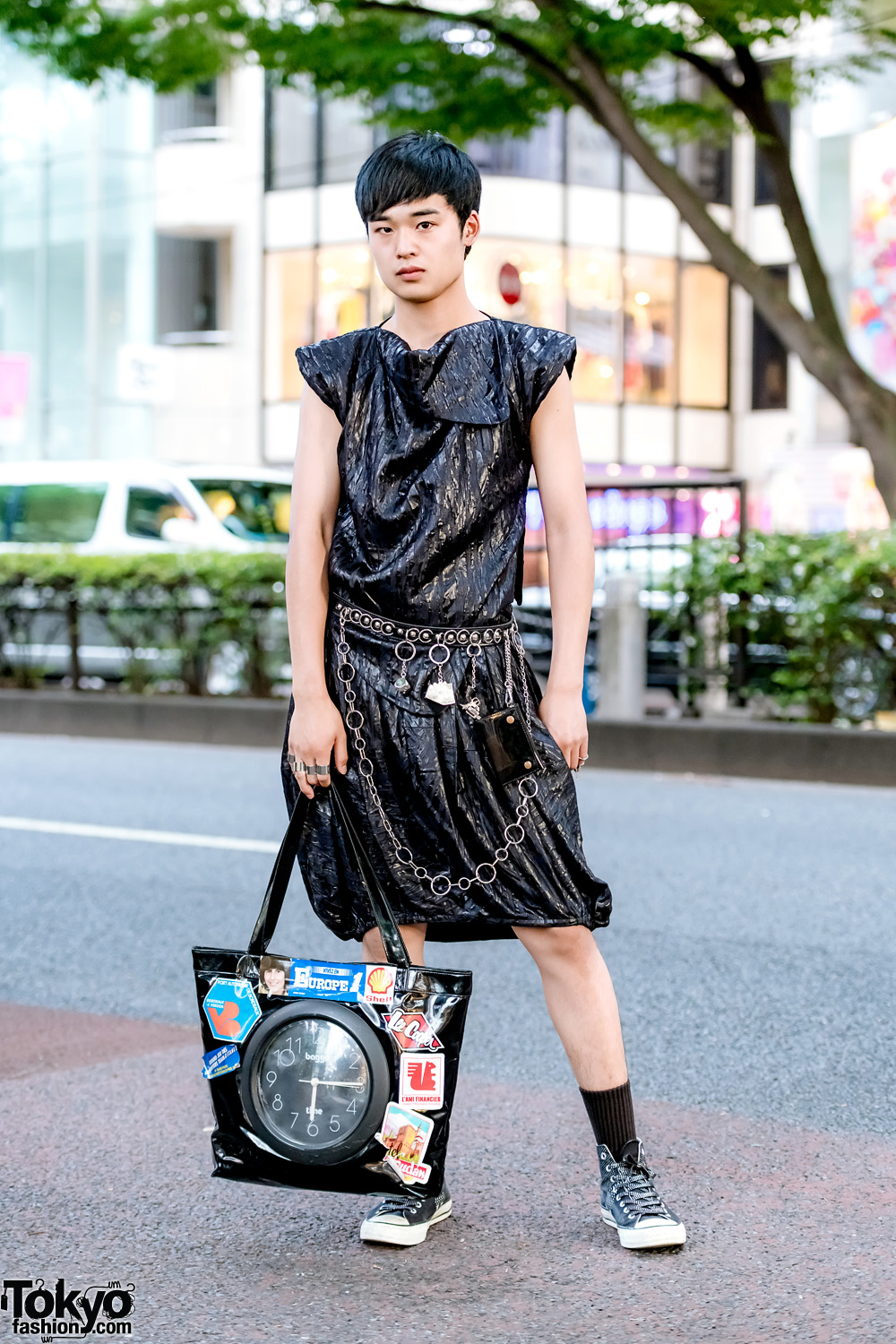 All Black Harajuku Streetwear Fashion w/ Vintage Textured Dress, Clock Tote Bag, Yoshiko Creations & Converse Sneakers