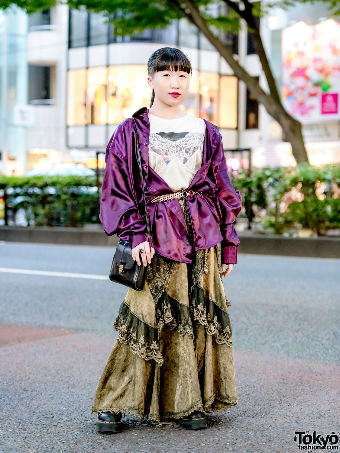 Layered Vintage Street Style w/ Satin Shirt, Camisole Top, Tiered Skirt & Dr. Martens in Harajuku
